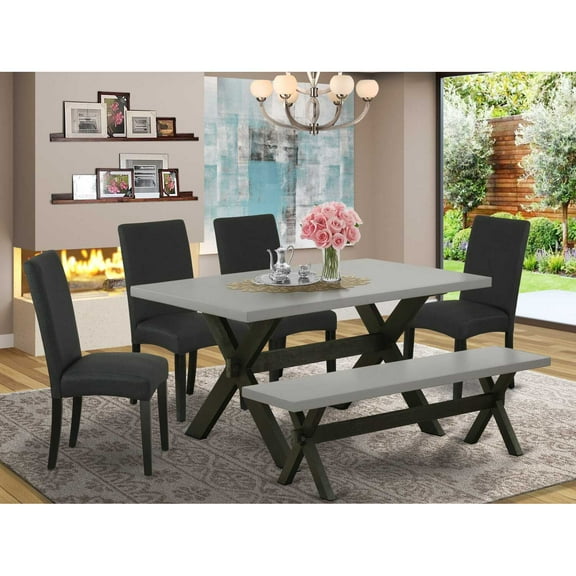 East West Furniture 6-Pc Modern Dining Set- 4 Mid Century Dining Chairs with Black Linen Fabric Seat and Stylish Chair Back - Rectangular Top & Wooden Cross Legs Wood Kitchen Table and Bench - Cement
