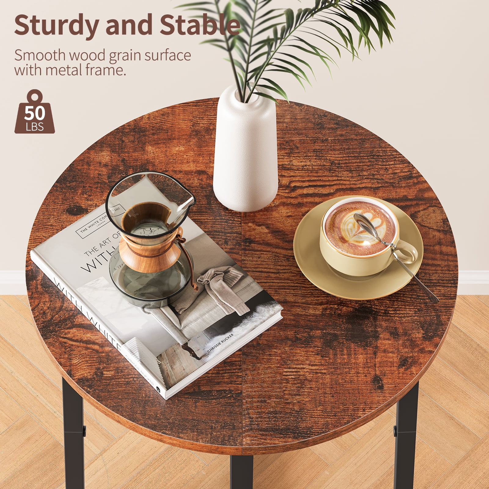 Side Table for Small Spaces, Round End Table with Metal Legs, Small Accent bedside Table for Living Room Bedroom, Reddish Brown