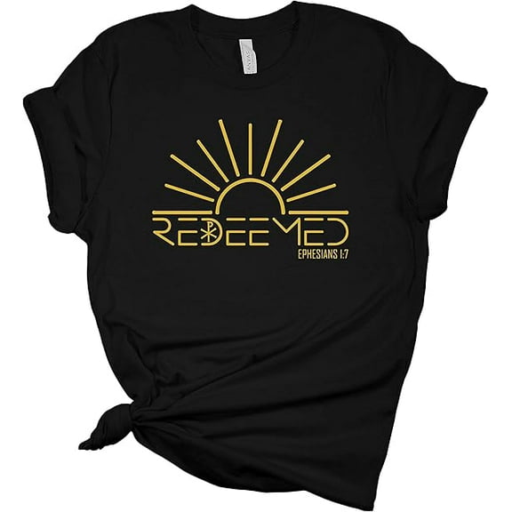Womens Christian Tshirt Redeemed Ephesians 1:7 Sunshine Short Sleeve T-Shirt-Black-Medium