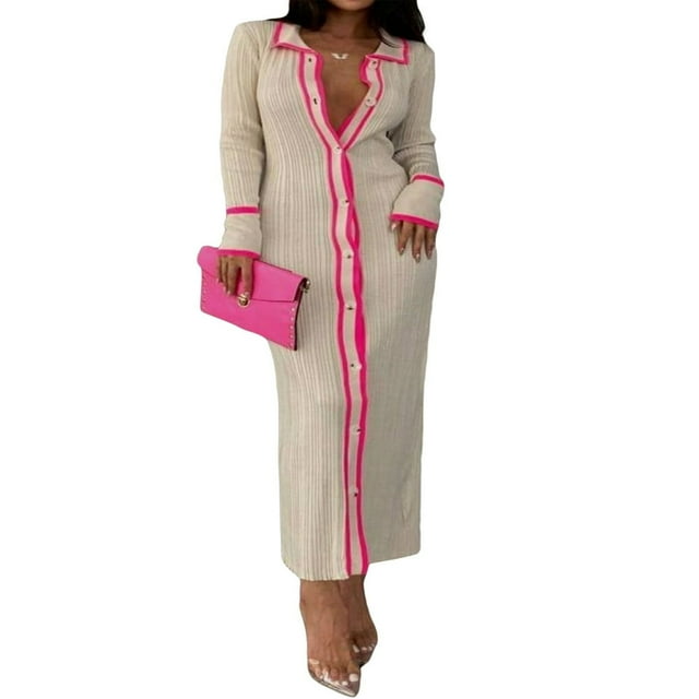 Knit Long Dress with Button Down and Lapel for Women