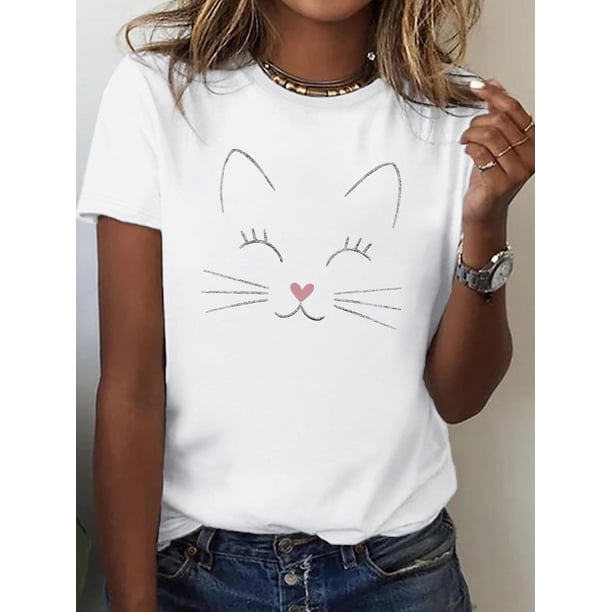Camiseta de mujer de algodón puro para uso diario: manga corta, cuello redondo y detalles de estampado sutiles, 1 pieza, camiseta informal