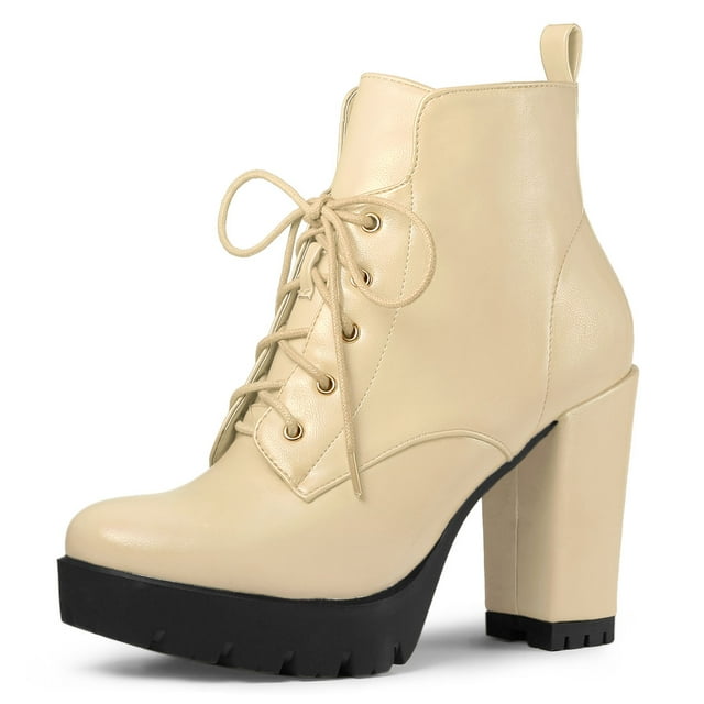 Unique Bargains Women's Round Toe Block High Heel Lace Up Platform Boots