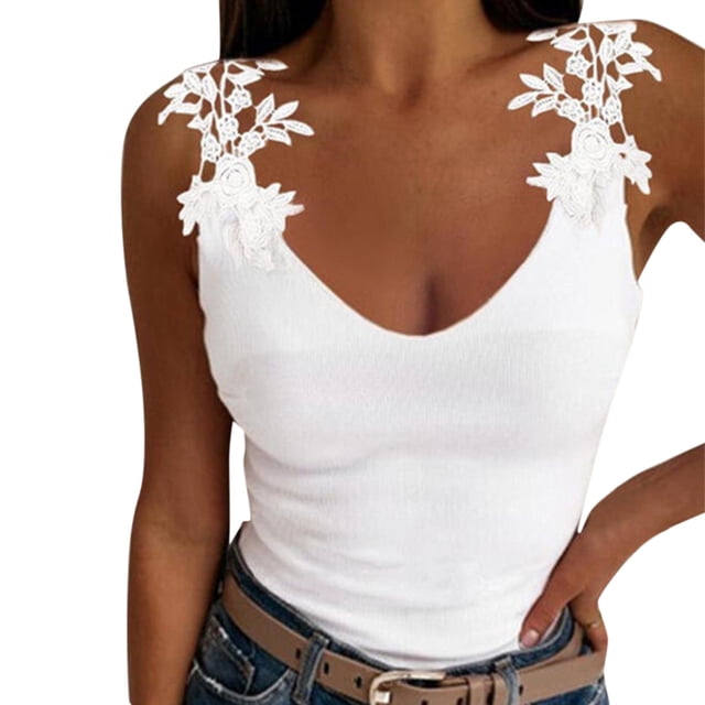 Gibobby Blusa de verano de encaje sexy Tops Color Playa Sin mangas Moda de mujer Blusa de mujer sólida(Blanco,XG)