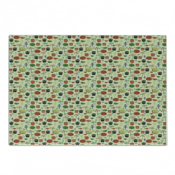 Owl Print Cutting Board, Continuous Nature Inspire Pattern of Birds Trees and Plants, Decorative Tempered Glass Cutting and Serving Board, in 3 Sizes, by Ambesonne