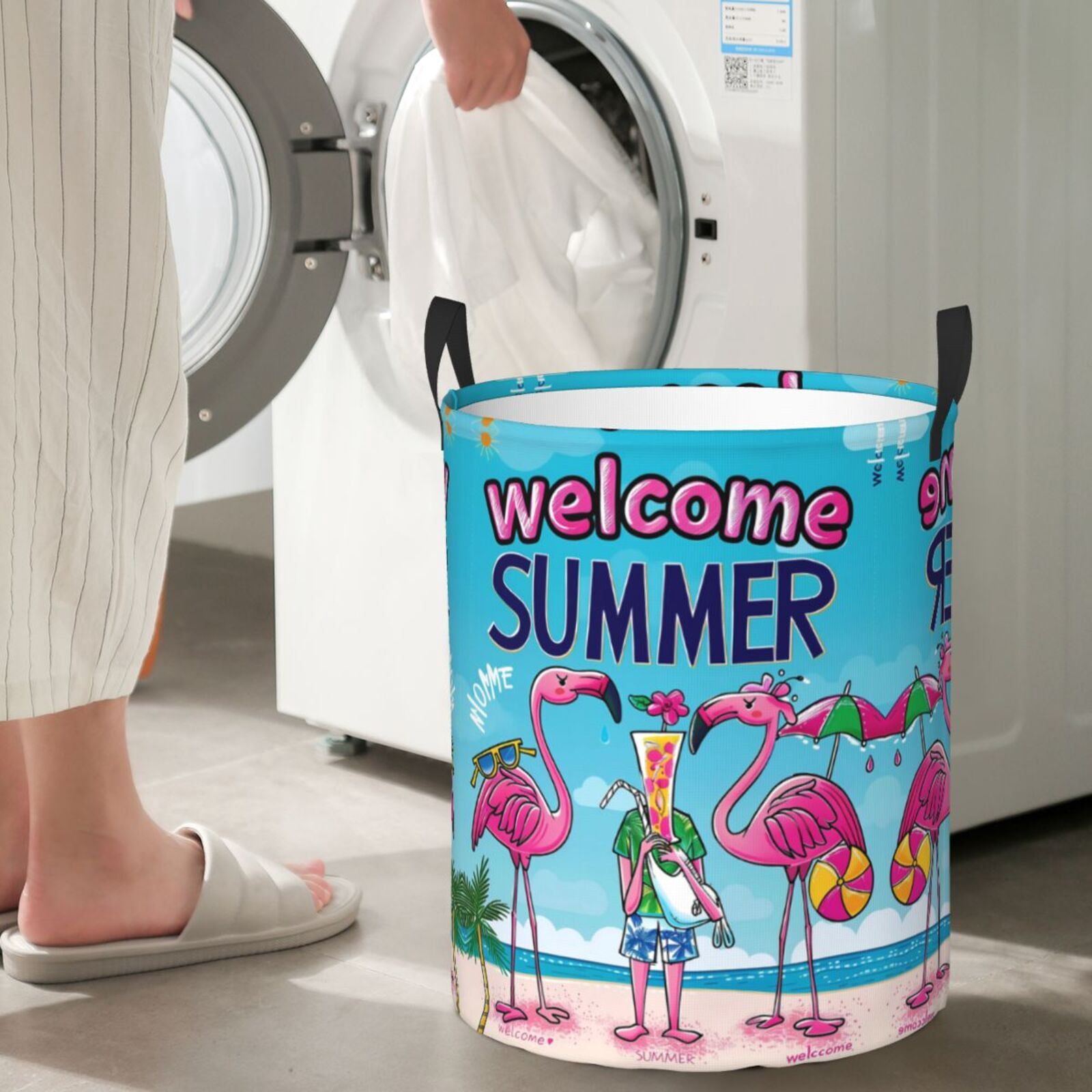 Large Laundry Basket with Handles - Beach Flamingo Trio Kids Baby Dirty Clothes Laundry Hamper for Bedroom Aesthetic