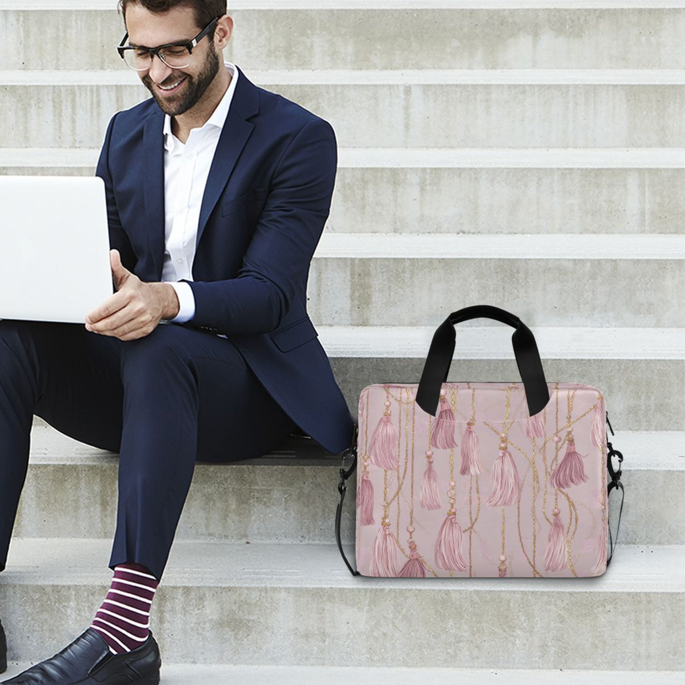 16" Laptop Tote Bag Laptop Sleeve Case Computer Briefcase for Work & Travel Light Pink Tassels