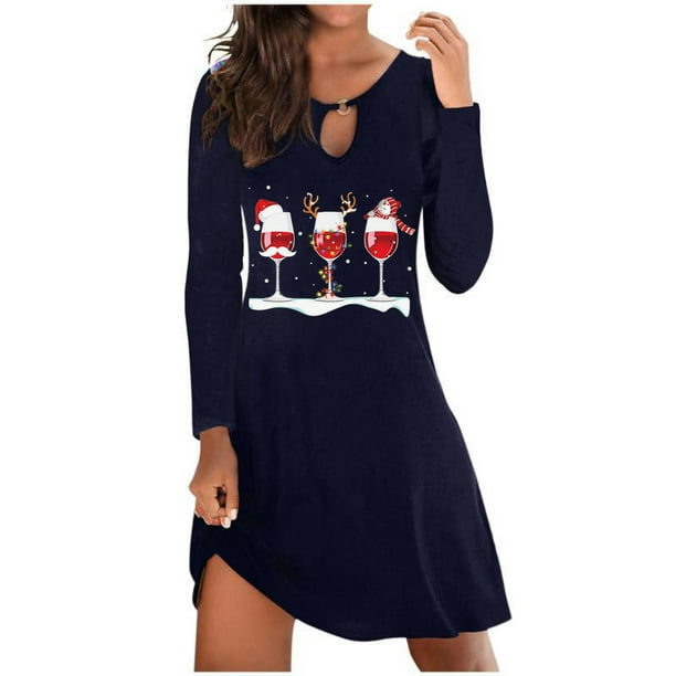 Vestido de jersey de manga larga con cuello redondo informal a la moda con estampado navideño sexy para mujer Pompotops hdfakjf1026