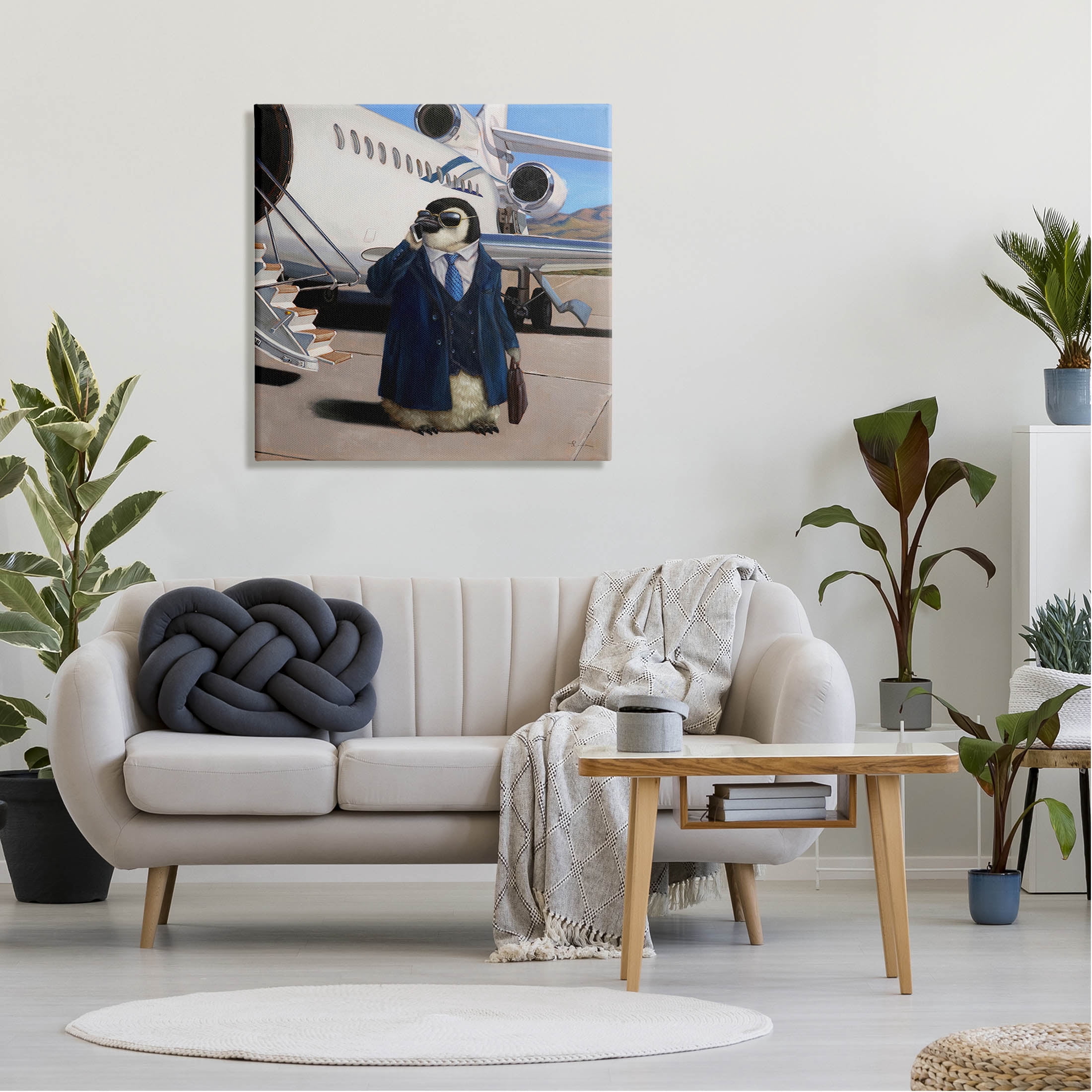 Penguin Businessman Suit Airplane Animals & Insects Painting Gallery Wrapped Canvas Print Wall Art