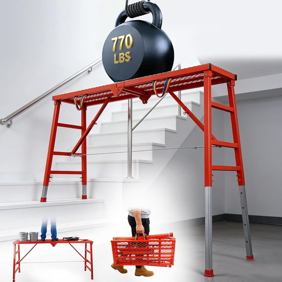 Foldable Scaffolding Platform, 70.8" X 15.75" Welded Steel Work Platform, 770 Lbs Capacity, Adjustable Height (35.4"-57") Industrial Step Ladders, Ideal for Painting, Wiring and Home Decor, Red