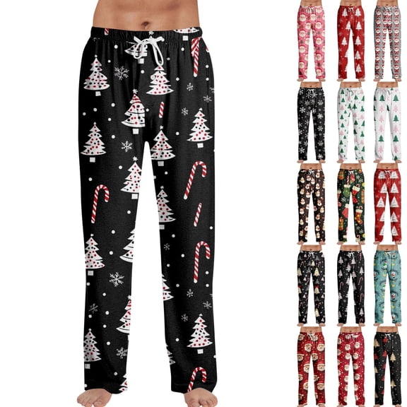Garbnen Christmas Pajamas Pants for Men Santa Claus Printed Wide Leg Sleep Pants for Men Elastic Waist Funny Fall Winter Merry Xmas Print Soft Men’s Lounge Pants