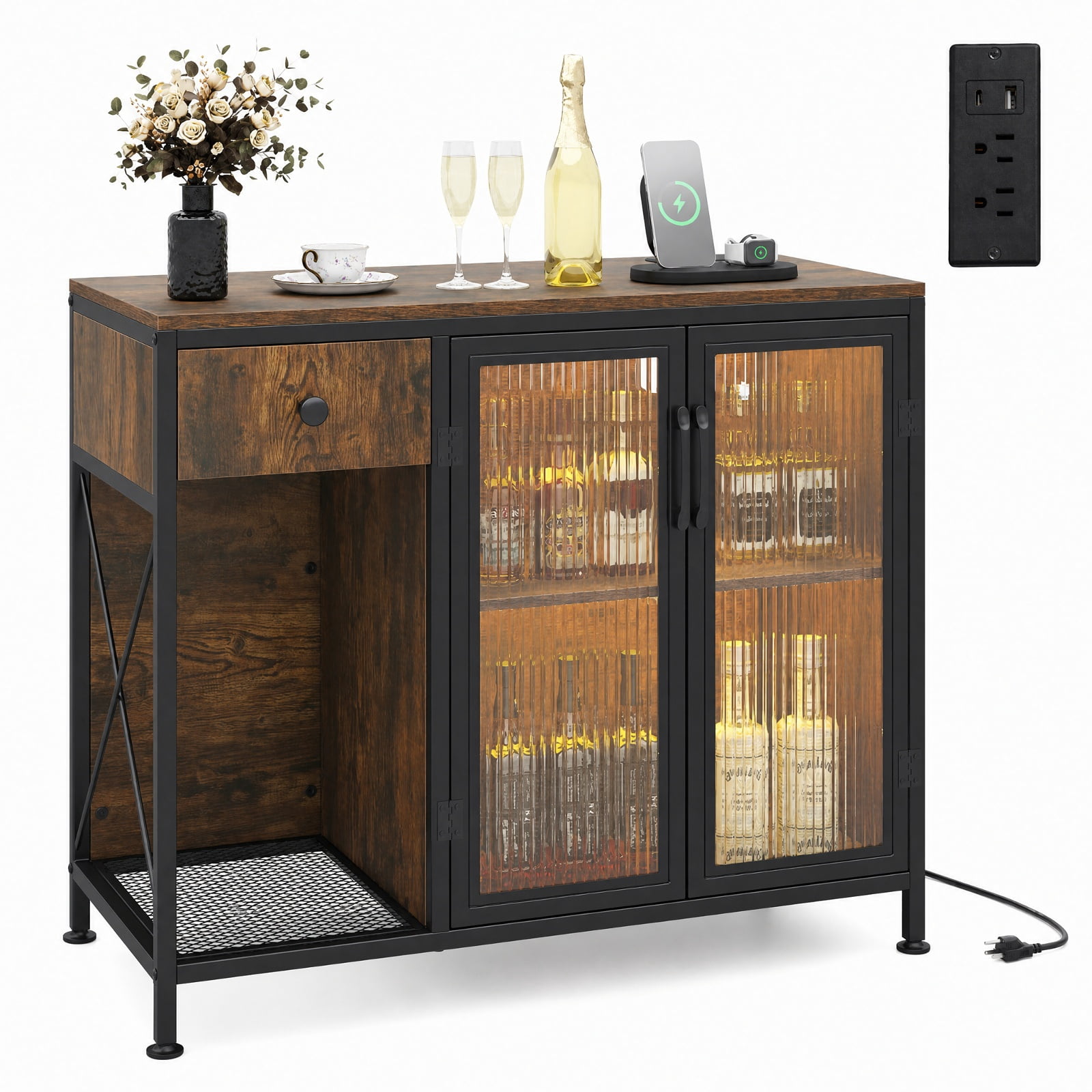 Furnibear Buffet Sideboard with Doors Power Outlets and LED Light for Kitchen Dining Living Room Buffet Storage Server, Rustic Brown