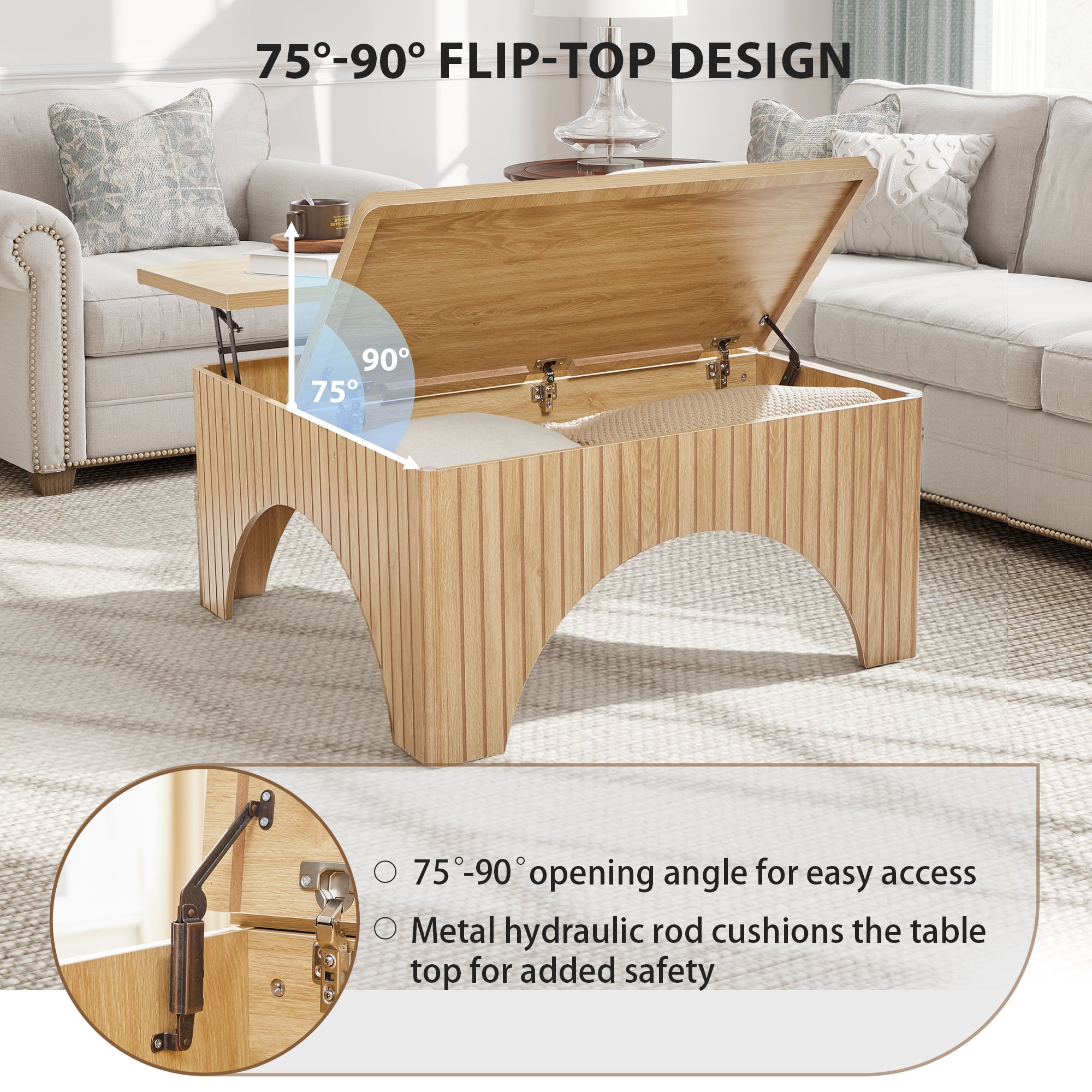 YOCWO 4 in 1 Carved Arched Square Coffee Table with Flip Top and Lift Top, Square Coffee Table with Hidden Compartments Storage for Living Room, Natural