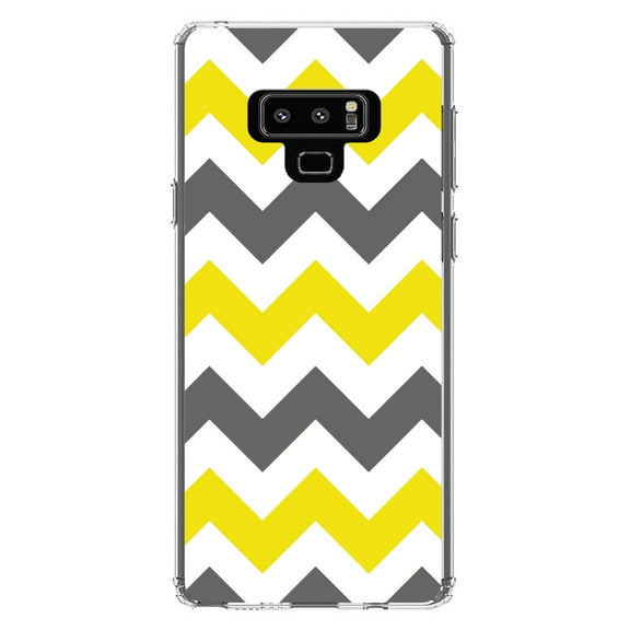 DistinctInk Clear Shockproof Hybrid Case for Samsung Galaxy Note 9 - TPU Bumper, Acrylic Back, Tempered Glass Screen Protector - Grey Yellow Stripes - Stripes Pattern