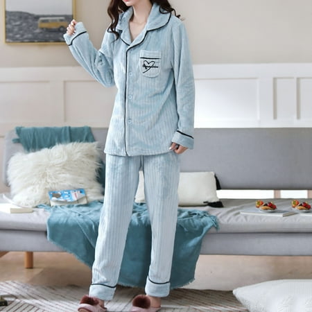 

Pajamas For Women Plus Size VSONTOR Ladies Fashion Flannel Solid Print Pocket Long Sleeve+ Long Pants Pajama Suit Blue Xxl T2313