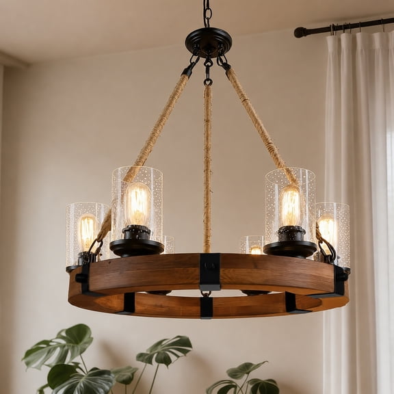LNC 6-Light Distressed Wood and Black Wagon Wheel Chandelier with Seeded Glass