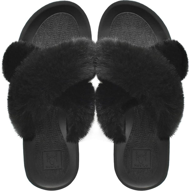 KUAILU Womens Fuzzy Slides Fluffy Faux Fur House Slippers Open Toe Yoga Mat  Cross Sliders Hard Rubber Sole Sandals with Arch Support 