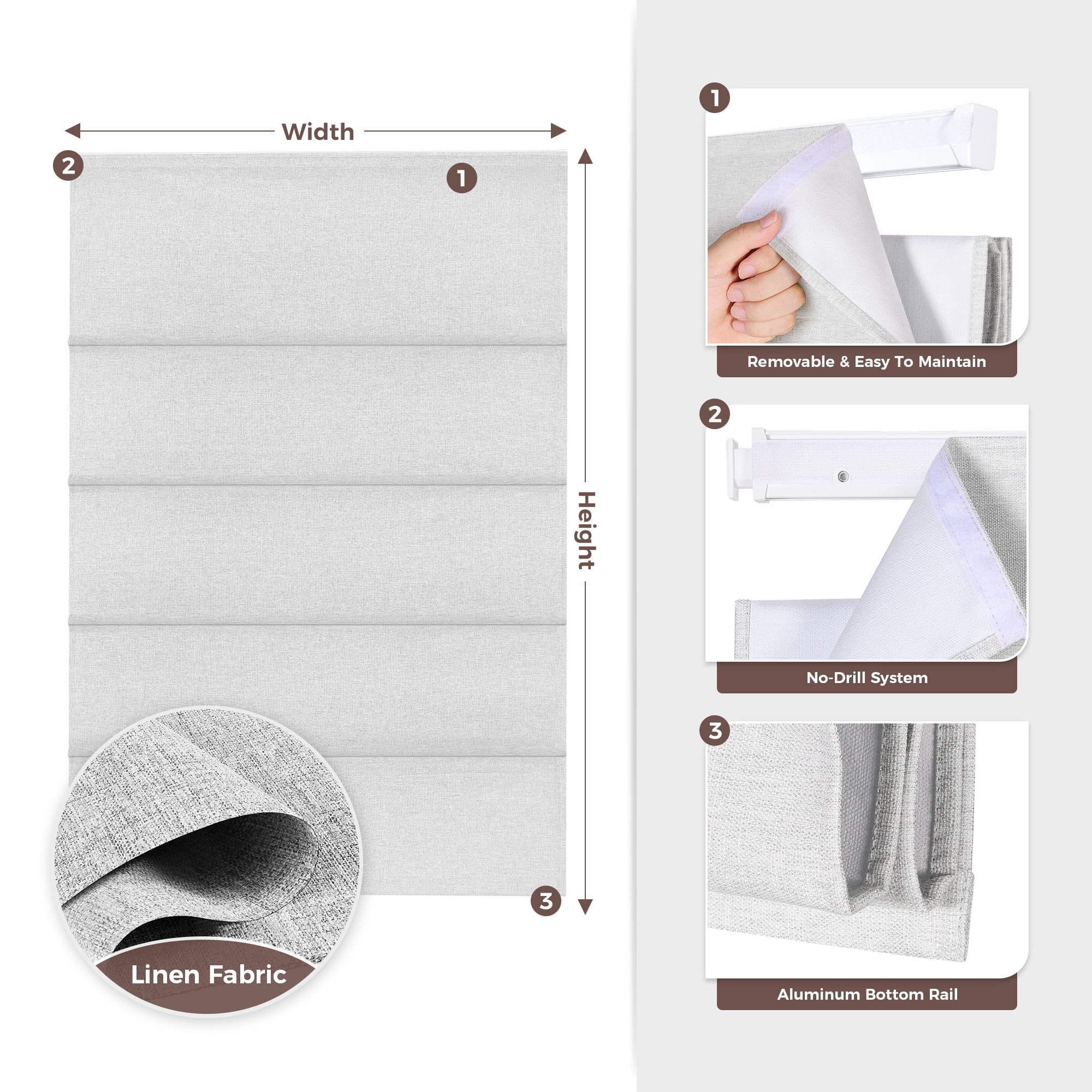 Allesin Zen No Drill No Tools Cordless Roman Shades for Windows, Blackout Thermal Insulated Room Darkening Window Blinds, Linen Fabric, Fits Bedroom, 34" W x 64" H, Grayish White