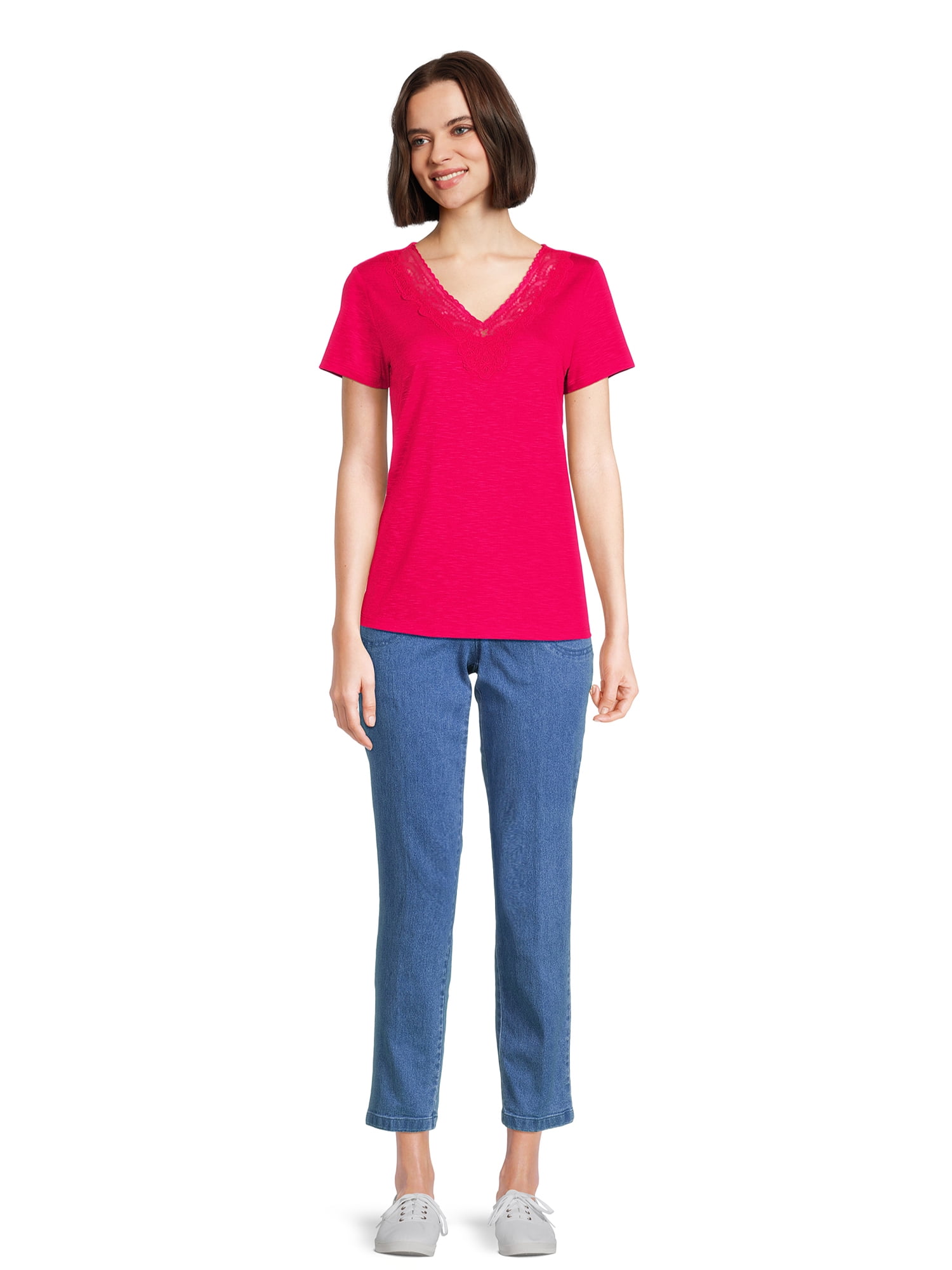 RealSize Women's Lace V-Neck Tee with Short Sleeves, Sizes XS-XXXL