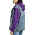 thumbnail image 5 of Women's Hooded Jeans Jackets - Drawstring Button up Denim Hoodie with Pockets Patchwork Long Sleeve Fall Sweatshirt with Hood, M, 5 of 7