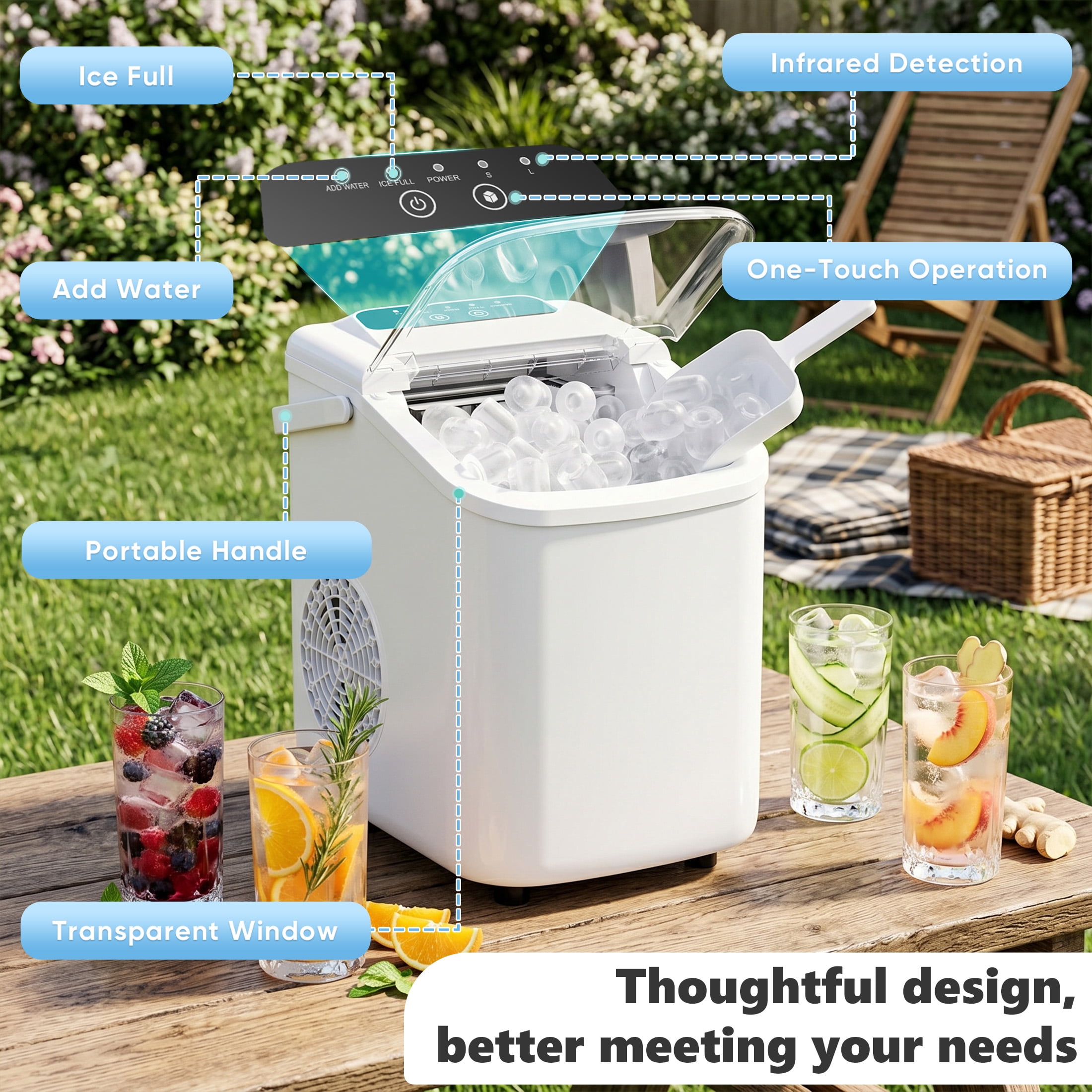 edx Ice Maker, Self-Cleaning Countertop Ice Maker, with Handle & Ice Scoop, 9 Bullet Cubes in 6~8 Mins, 26lbs Daily, White