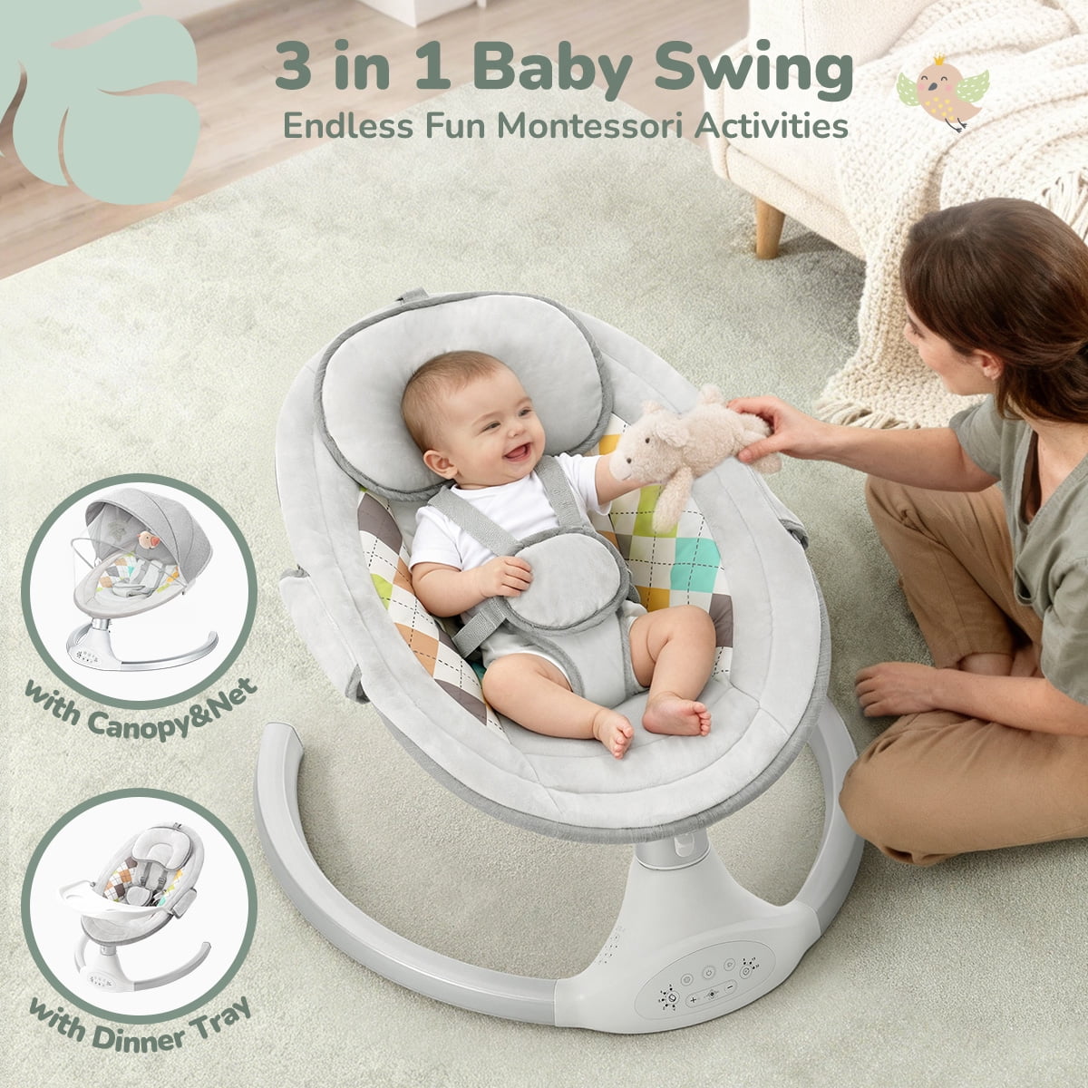 Baby Swing for Infants, Caveen Baby Rocker with Dinner Plate, 5 Swing Speeds, Adapter Battery Operated, Indoor,Outdoor, Grey