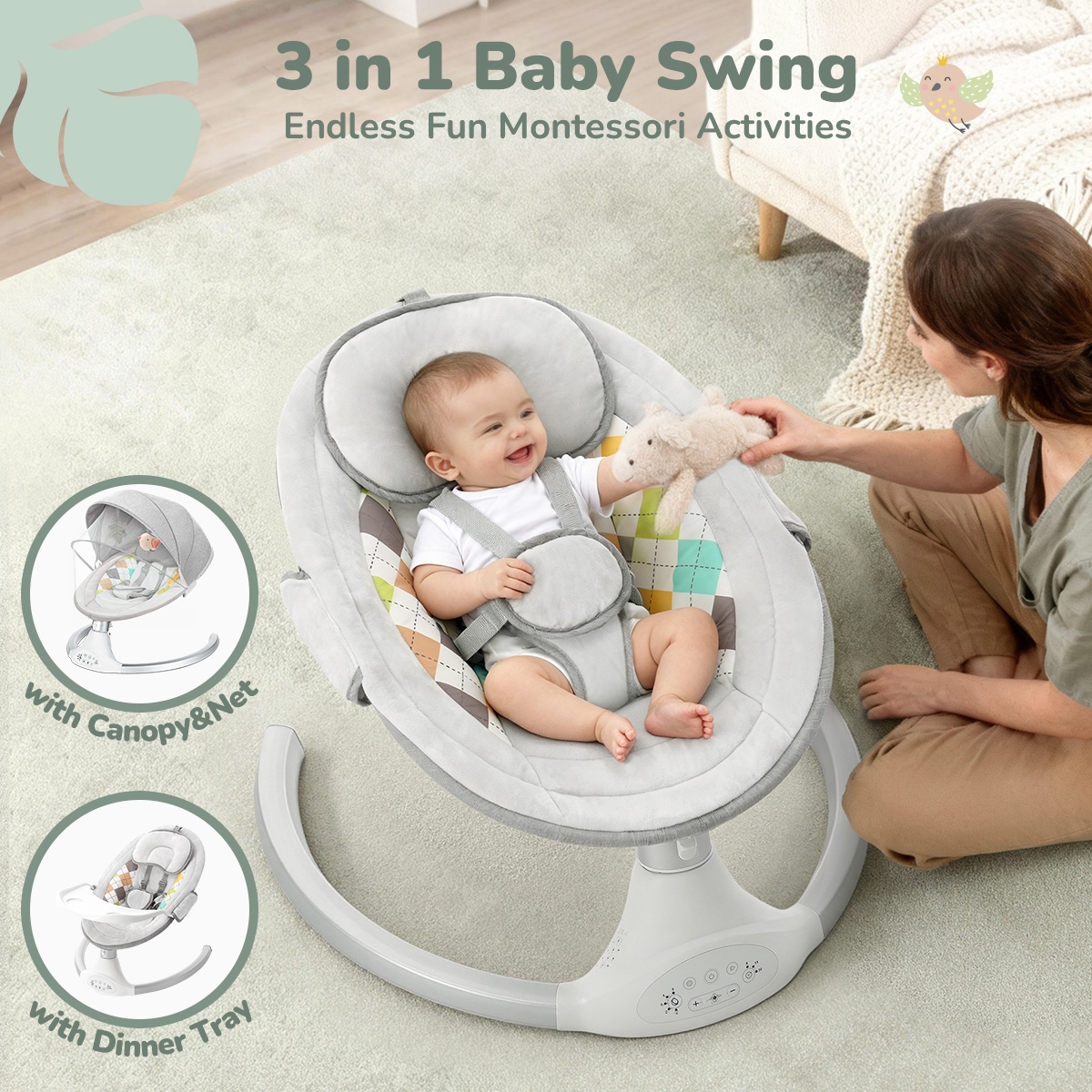 Caveen Electric Baby Swing with Removable Dining Table photo 2