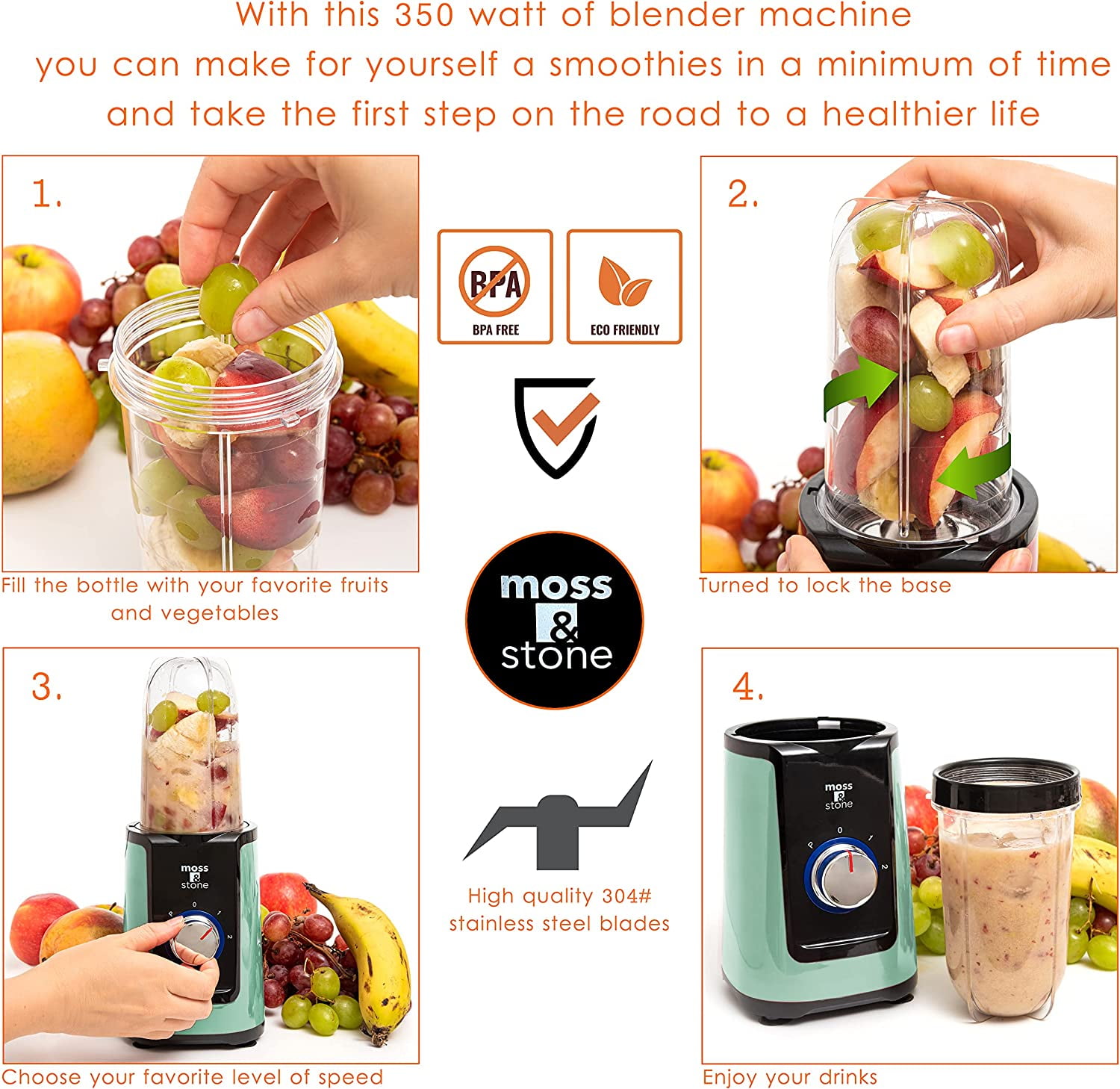 Moss & Stone 2 in 1 Personal Blender with Additional Blender Cup, Mini Blender, Juice Blender & Smoothie Maker (Spray Pearl Green)