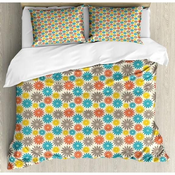 Floral Duvet Cover Set, Colorful Top View Daisies Pattern Spring Blooms, Decorative 3 Piece Bedding Set with 2 Pillow Shams, Calking Size, Multicolor, by Ambesonne