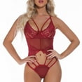 thumbnail image 2 of Elainilye Fashion Womens One Piece Lingerie Deep V Mesh Sheer Bodysuit Pajamas Elastic Sling One-piece Pajamas,Red, 2 of 9