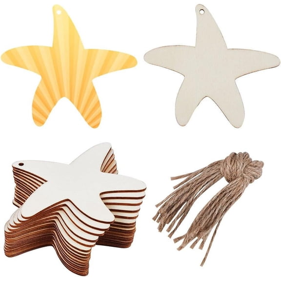 1 set 20pcs Starfish Wooden Christmas Tags Sea Animals Wood Cut Out Pendants Unfinished Wood Hanging Slices Ornaments sets with Hole Ropes for Crafts Wedding Christmas Birthday Themed Party Arts
