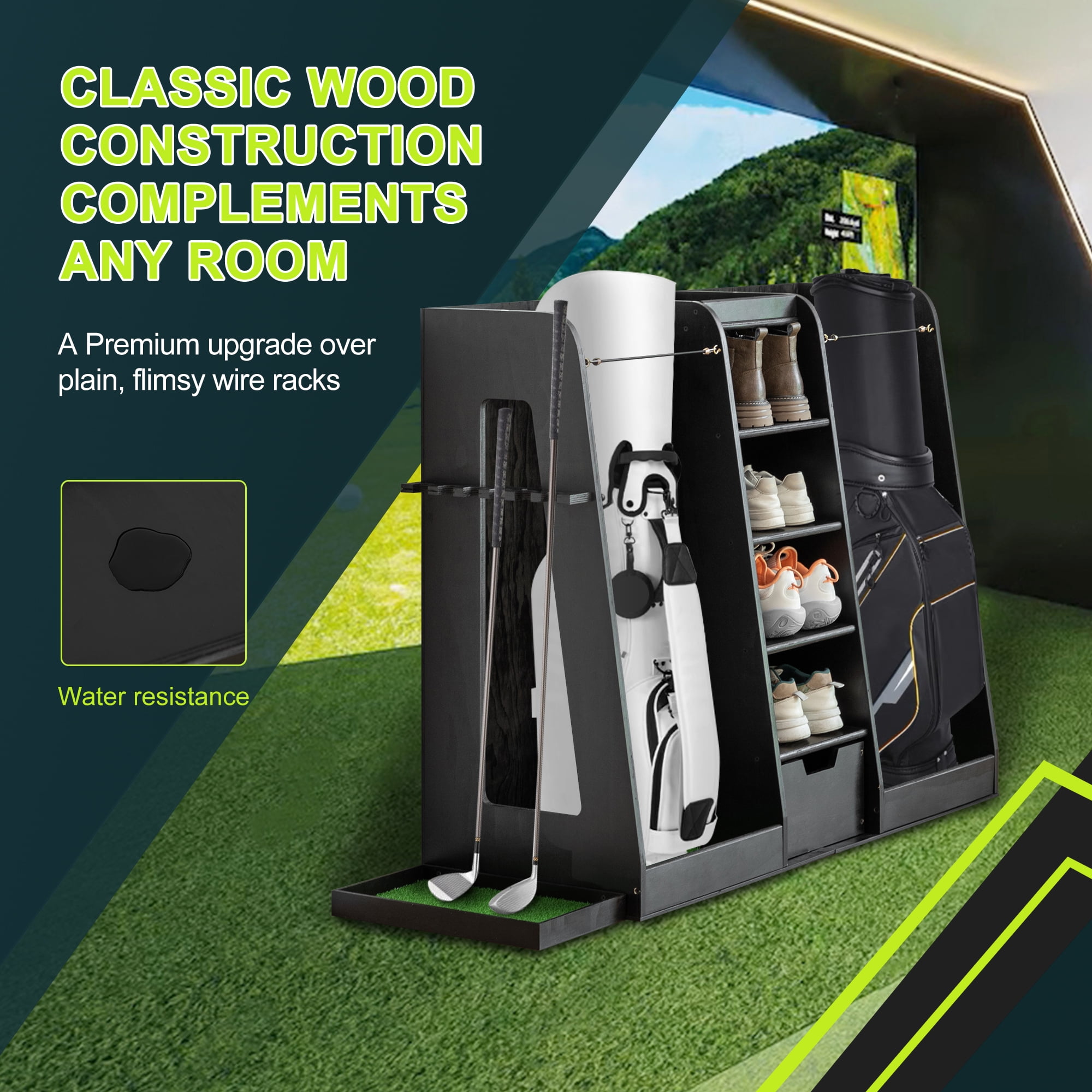 Wooden Golf Storage Rack Golf Bag Organizer with Drawers can hold 2 golf bags, 12 clubs, 4-5 pairs of golf shoes, over 50 golf balls, Versatile for Golf and Sports Equipment