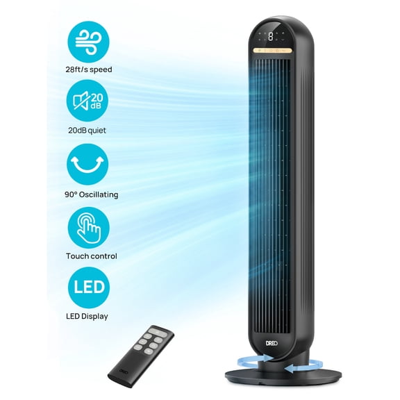 DREO 36" Tower Fan, 20dB Ultra Quiet Fans for Home, 8 Speeds & 4 Modes,  28ft/s Powerful Airflow, 90° Oscillating Standing Fan with Remote, 8H Timer, 2026 New Upgraded