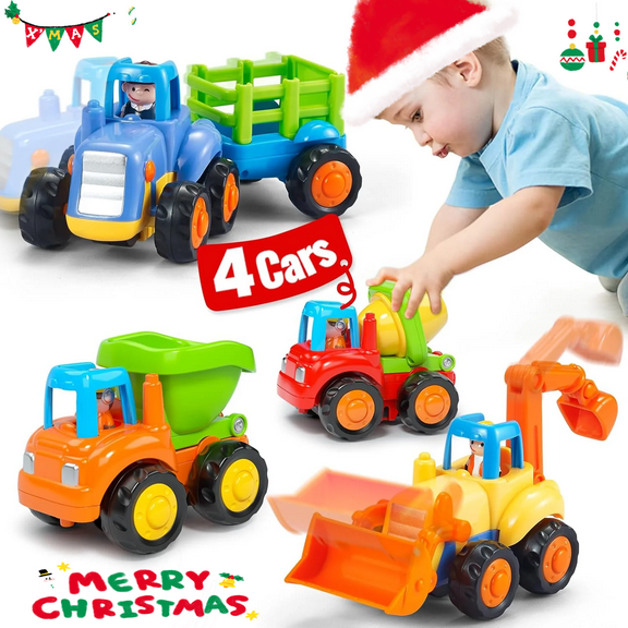 Push and Go Friction Powered Cars Construction Vehicles Toy Set Tractor Bulldozer Mixer Truck Dumper for 1 2 3 Year Old Baby Toddlers Boys Gift