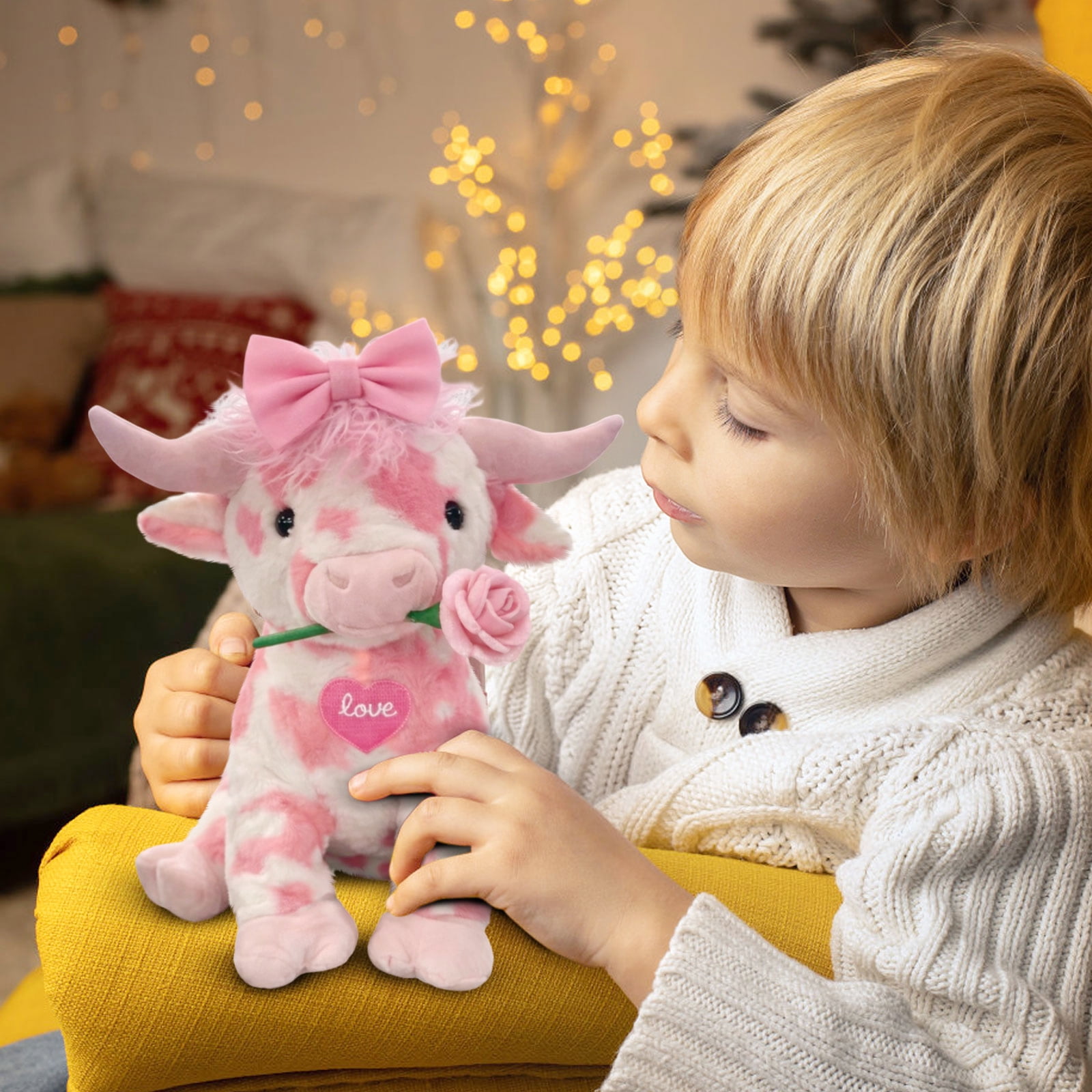 14inch Kawaii Pink Cow with Rose Stuffed Animals Plush Toy, Soft Plush Doll, Perfect Birthday Christmas Valentines Anniversary Easter Holiday Gifts, Easter Basket Stuffers