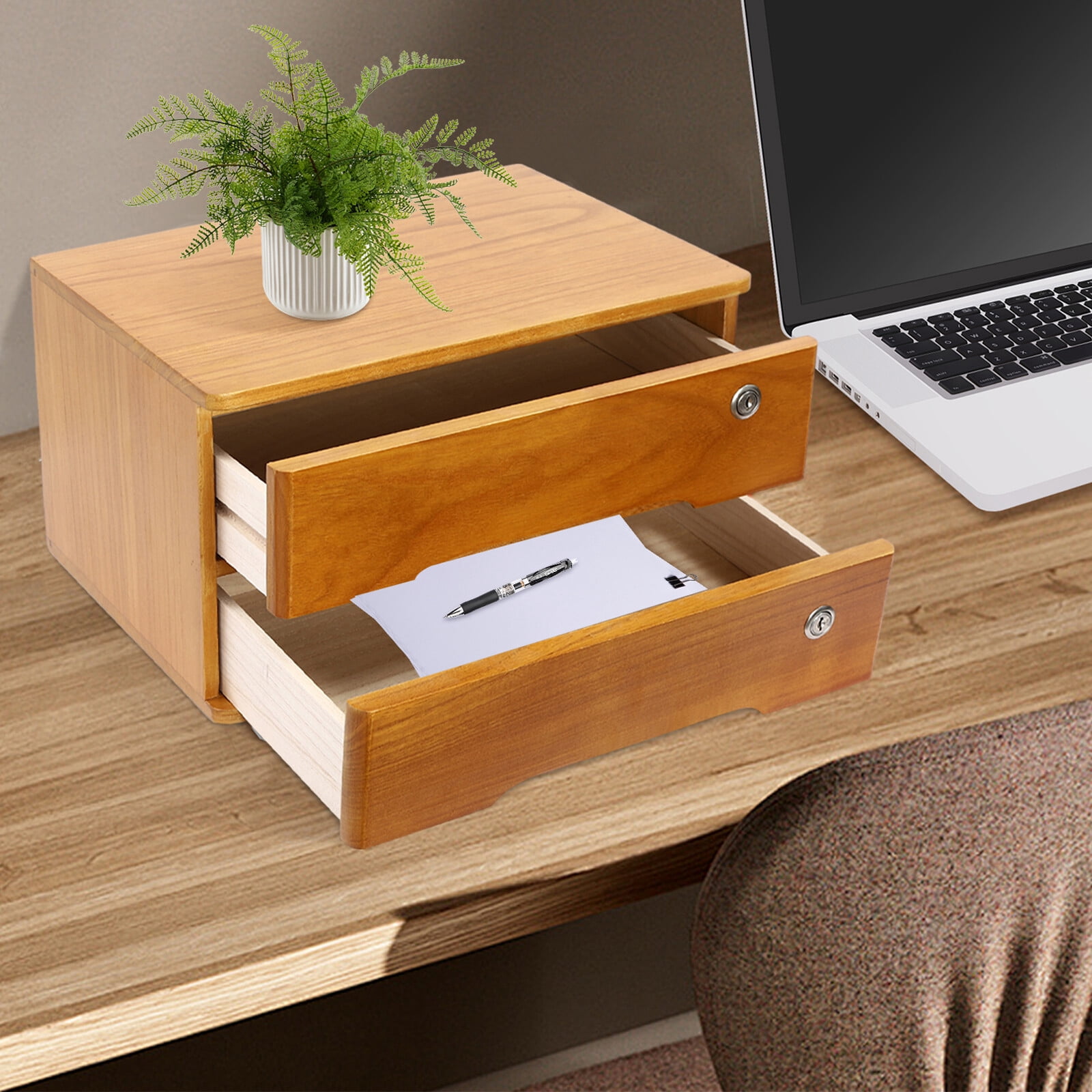 2-Tier Wood Yellow Rectangle Office Lockable Desktop Box Storage Drawer Files Organizer Multi-purpose