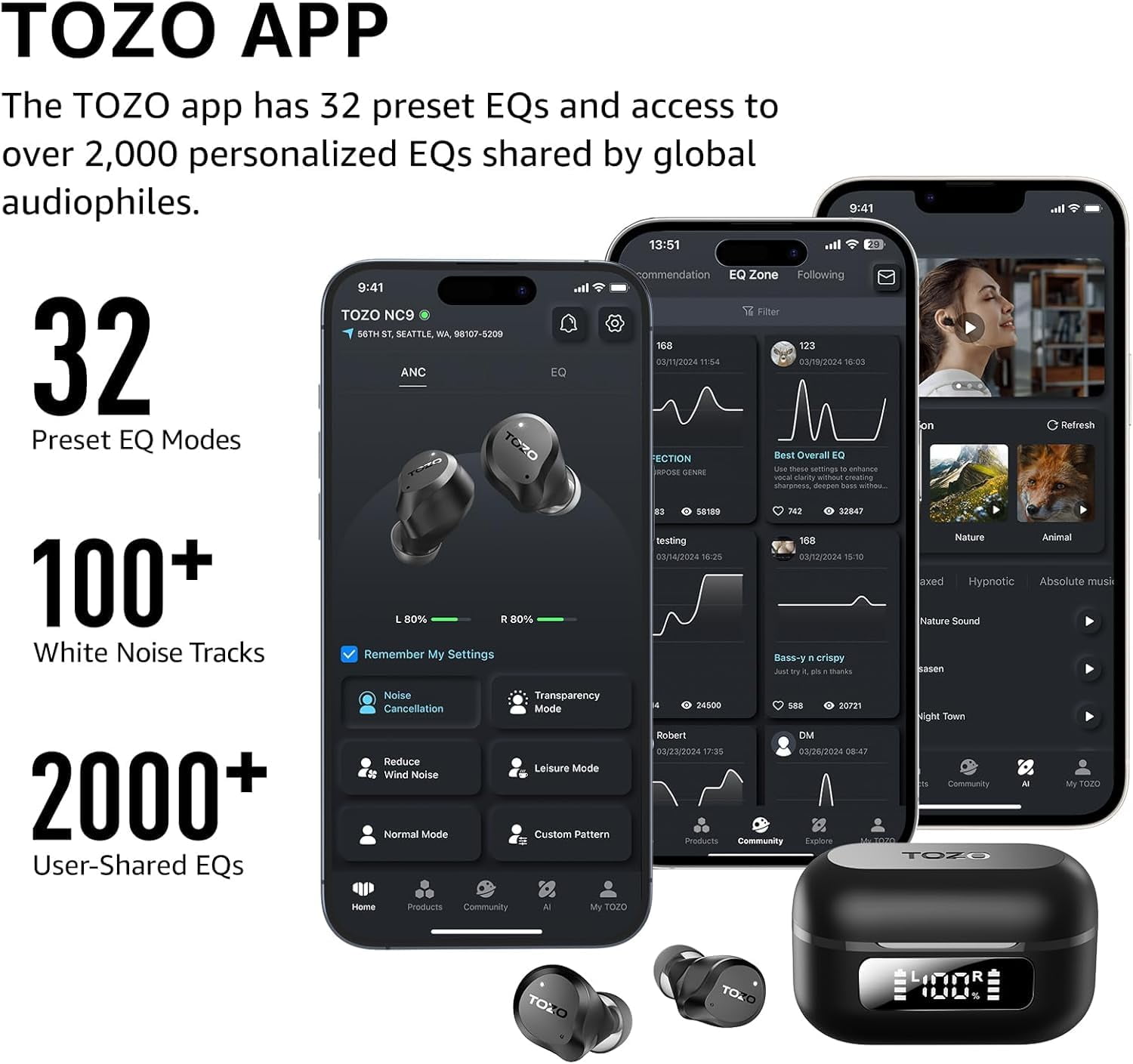 TOZO NC9 Hybrid Active Noise Cancelling Wireless Earbuds, 6 Mics ENC Clear Call, 60H Play, IPX8 Waterproof, Stereo Bass, APP-32EQ, LED Display in Ear Bluetooth Headphones, Black