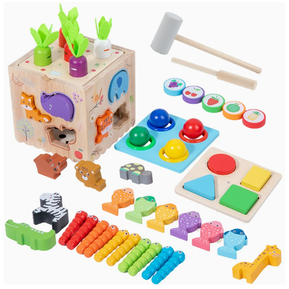 BUTOMKY 8-in-1 Montessori Wooden Activity Cube for Toddlers 1-3 - Carrot Harvest & Farm Toys,Shape Sorting Hammer Pounding Sensory Educational Toy Gift for 1 Year Old Boys Girls