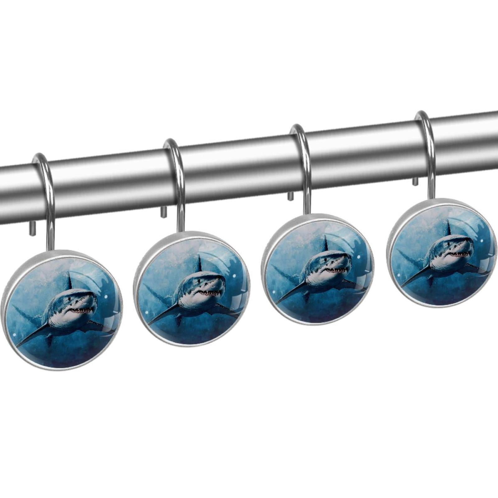 Blue Water Shark Shower Curtain Hooks Round Crystal Glass, Set of 12 Shower Curtain Rings - Shower Hooks for Curtain Shower Rings