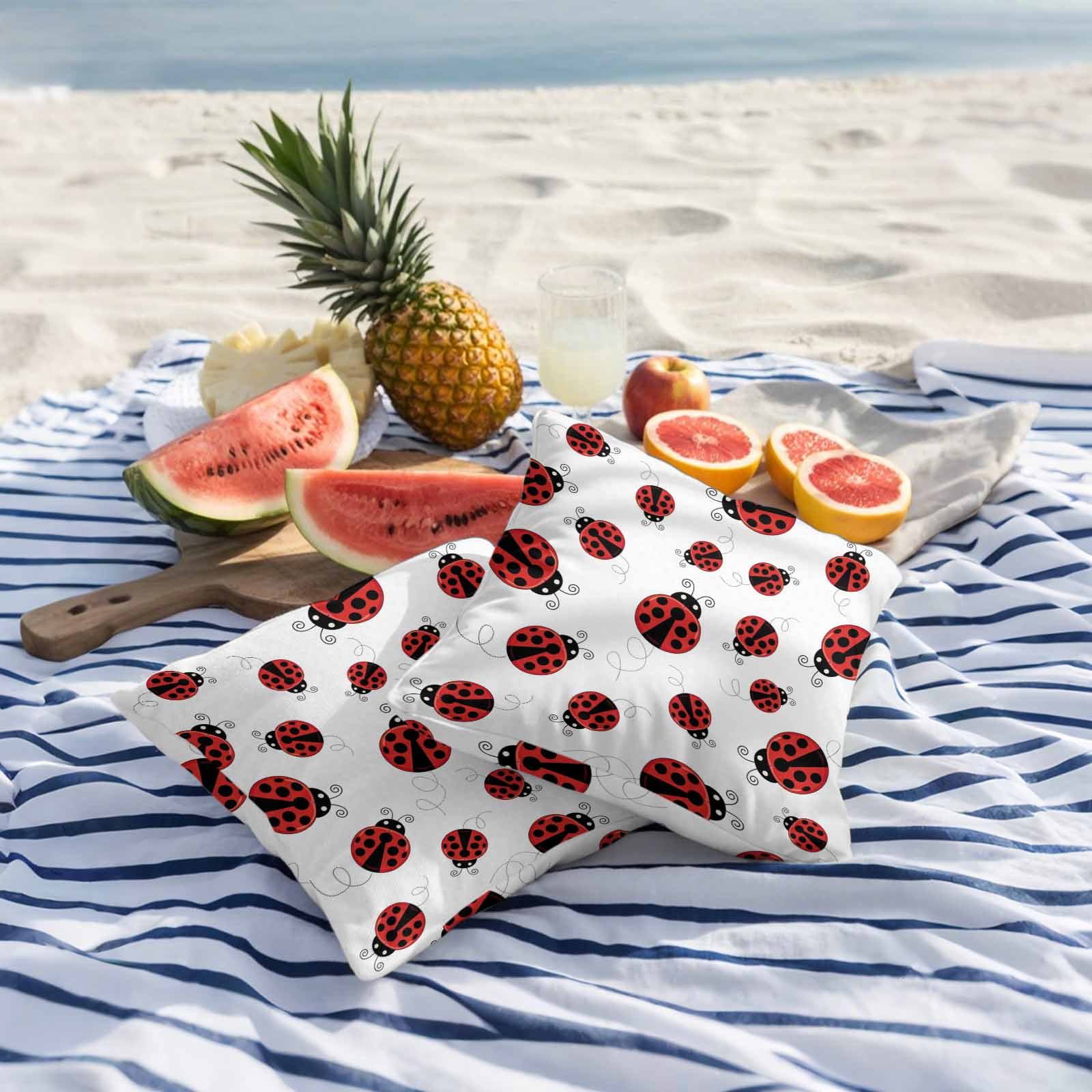 Outdoor Throw Pillows Covers 16x16inx2 Set Of 2 Waterproof Red Ladybug Decorative Zippered Cushion Covers for Patio Furniture, Red Black Polka Dot Lumbar Pillowcases,