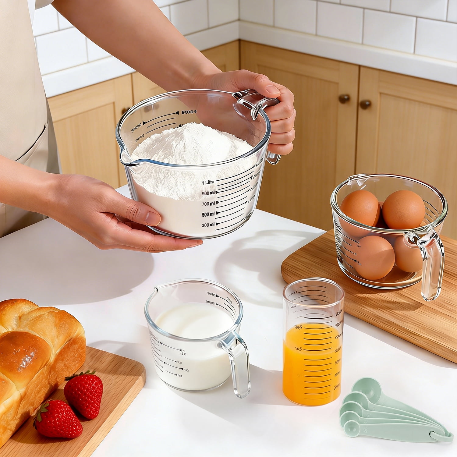 TAIMASI 9 Pcs Glass Measuring Cups Set with Lids, 4-Cup, 2-Cup, 1-Cup, 5 oz Liquid Measuring Cups & 5 Measuring Spoons | Microwave, Freezer & Dishwasher Safe，Yellow