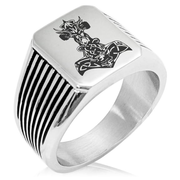 Stainless Steel Asgard Mjolnir Thor's Hammer Viking Norse Needle Stripe Pattern Biker Style Polished Ring