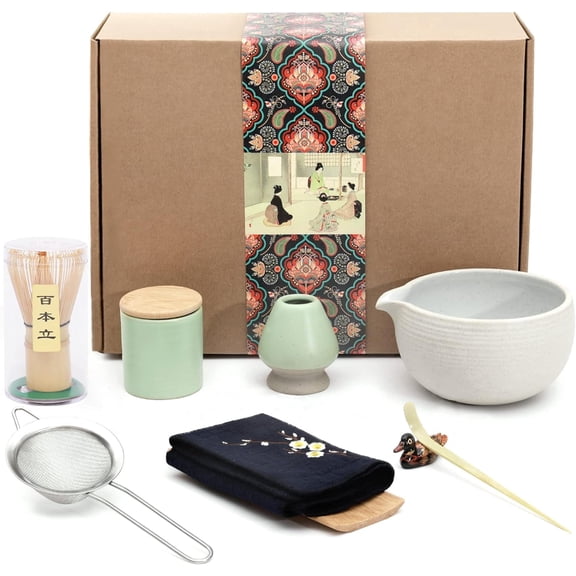 Japanese Matcha Tea Set, Bowl with Pouring Spout, Whisk, Tea Scoop, Ceramic Whisk Holder, Matcha Powder Caddy, Handmade Matcha Ceremony Kit For Japanese Tea Ceremony (9Pcs)