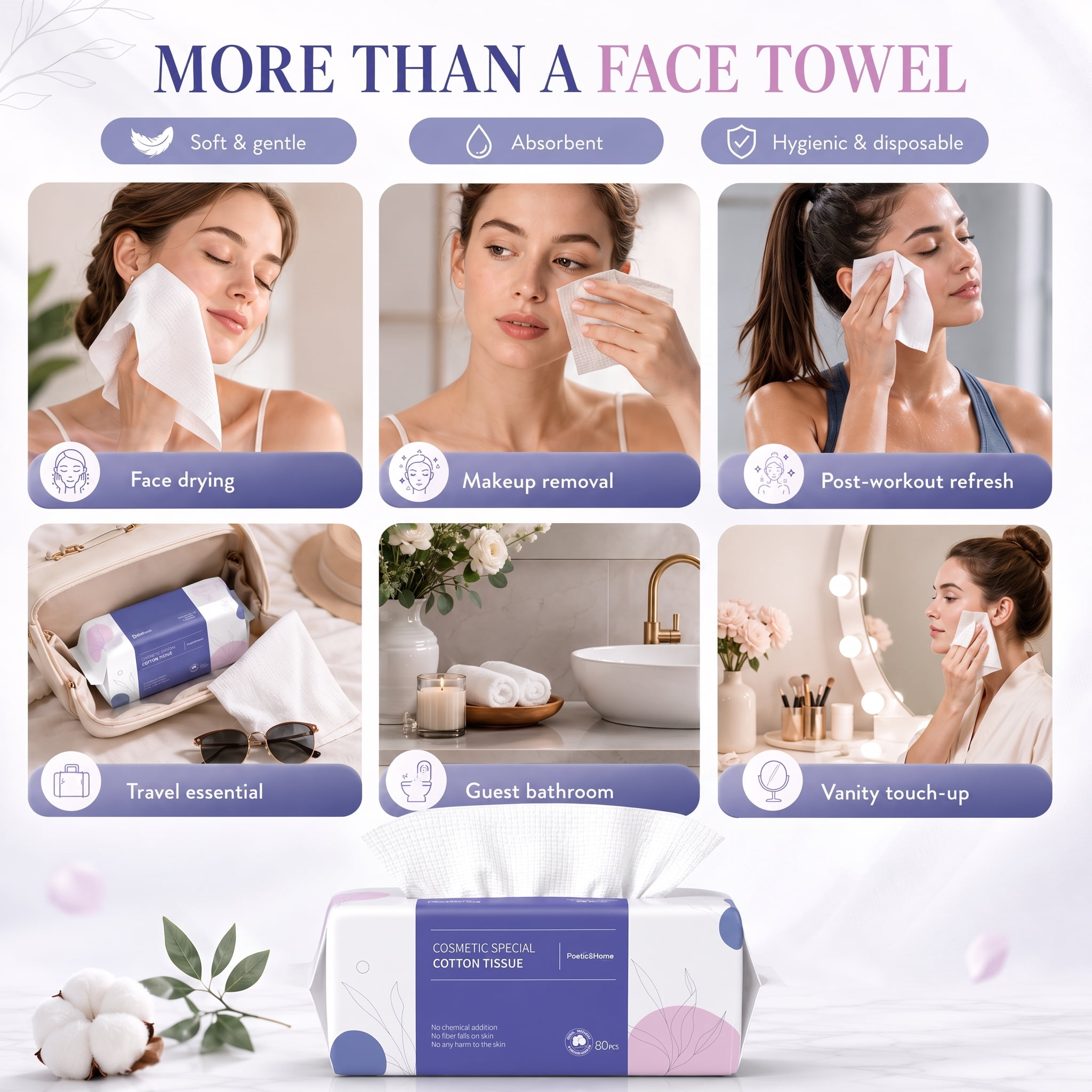 PoeticEHome Disposable Face Towels, Thick Yet Soft Cotton Dry Wipes, 4 Pack | 320-Count Facial Towels for Cleansing, Makeup Removal and Face Drying; Absorbent, Lint-Free, Unscented Washcloth