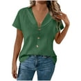 thumbnail image 2 of YTCAMLO Collared V Neck Womens Cotton Linen Blouses Casual Solid Short Sleeve Shirts Lightweight Button Business Tunic Tops, Army Green S, 2 of 7