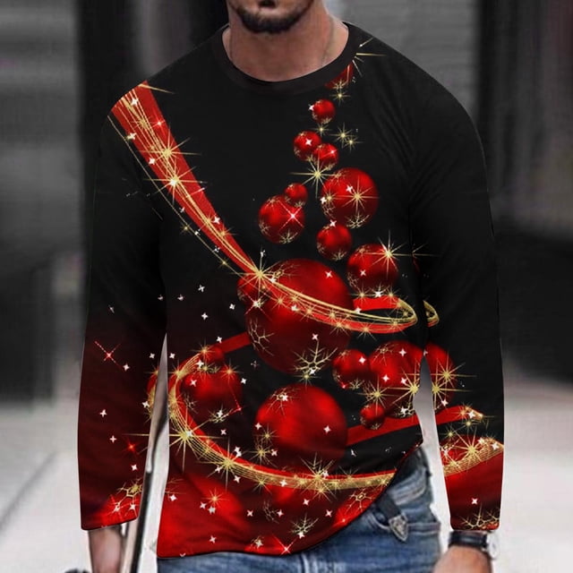 Nouveau T-shirt à Manches Longues Imprimé Numérique pour Hommes Automne Décontracté Col Rond Noël