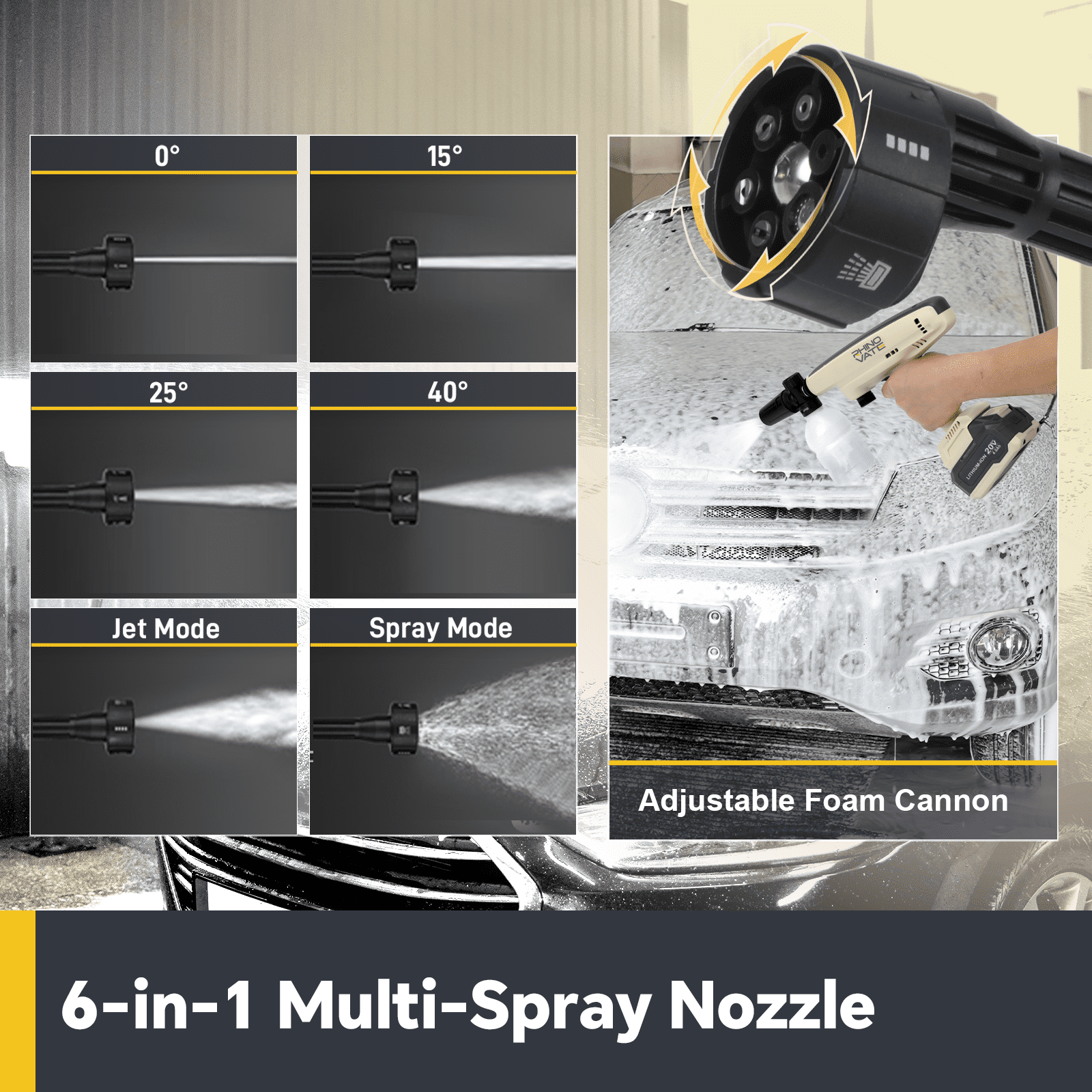 Rhinovate 880 Psi at 2.6 Gpm 4.0Ah Battery Powered Portable Impact Pressure Washer with Dual Water Source, 6-in-1 Nozzle, 16ft Detachable Hose