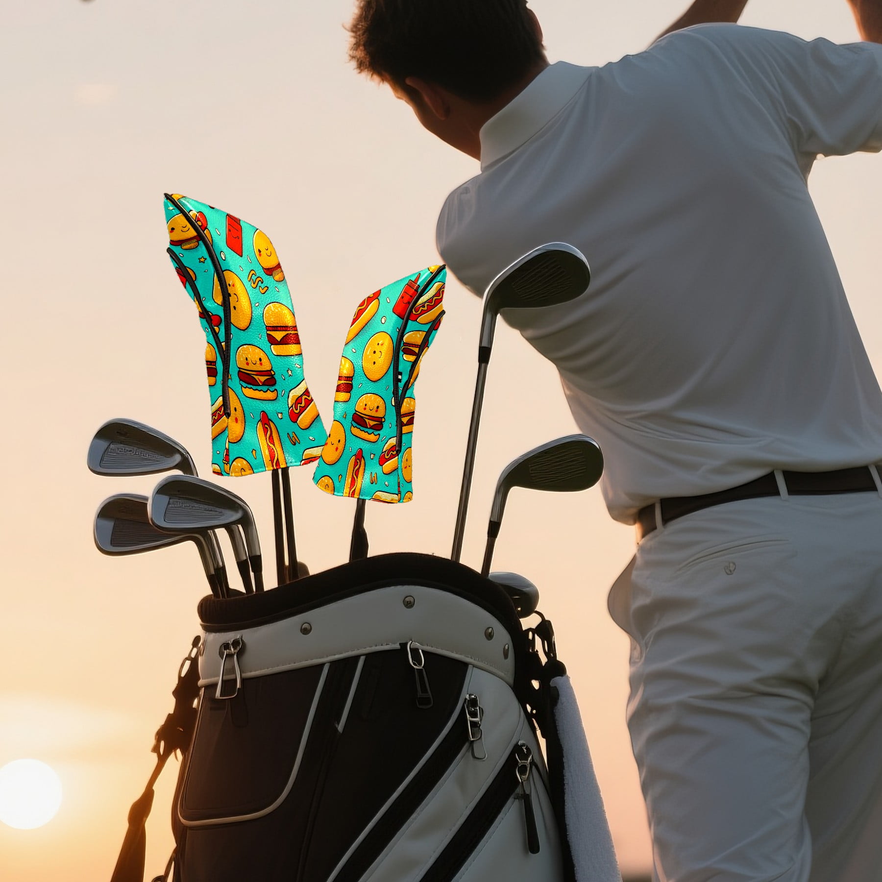 Golf Club Head Covers - Colorful Food Blue Design, Premium PU Leather Driver Hybrid Headcovers with Velvet Lining, Waterproof Golf Gifts for Men Women