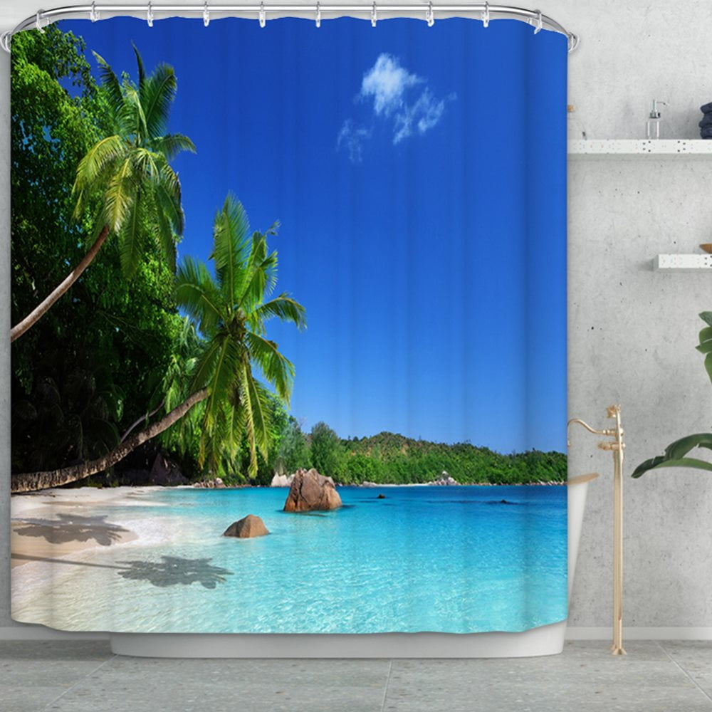 Palm leaves and beaches Shower Curtain Bathroom Fabric & 12Hooks 71*71inch new 