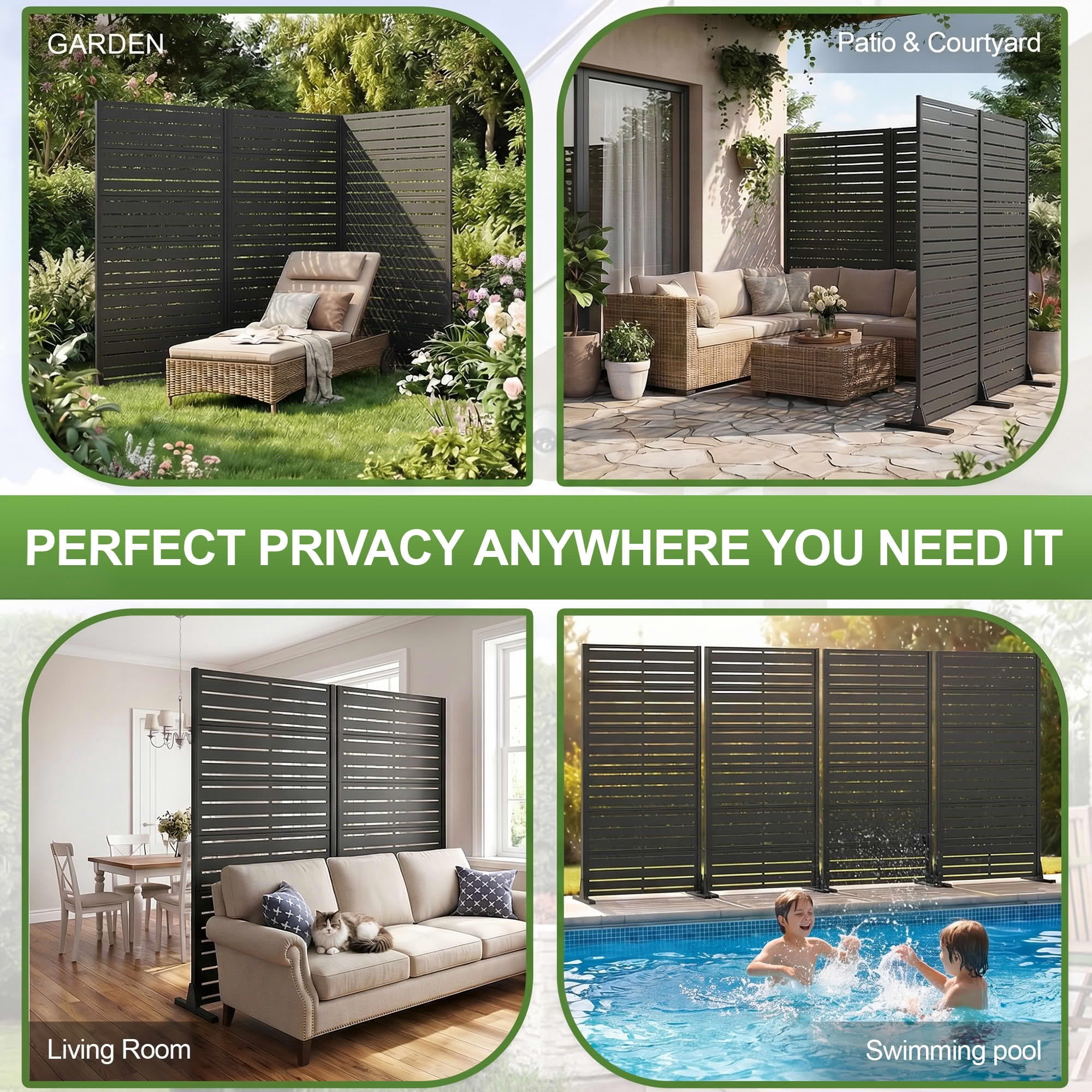 MAYEERTY 72"x35" Outdoor Privacy Screen, Black Wide-1 Narrow-2 Metal Louvered Freestanding Room Divider, for Patio Balcony Backyard