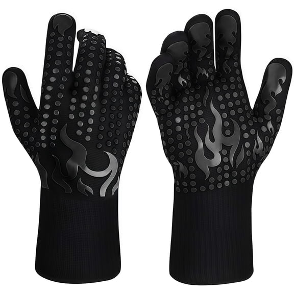 1 Pair High Heat Resistant Black Silicone Non-Slip BBQ Gloves for Cooking and Grilling